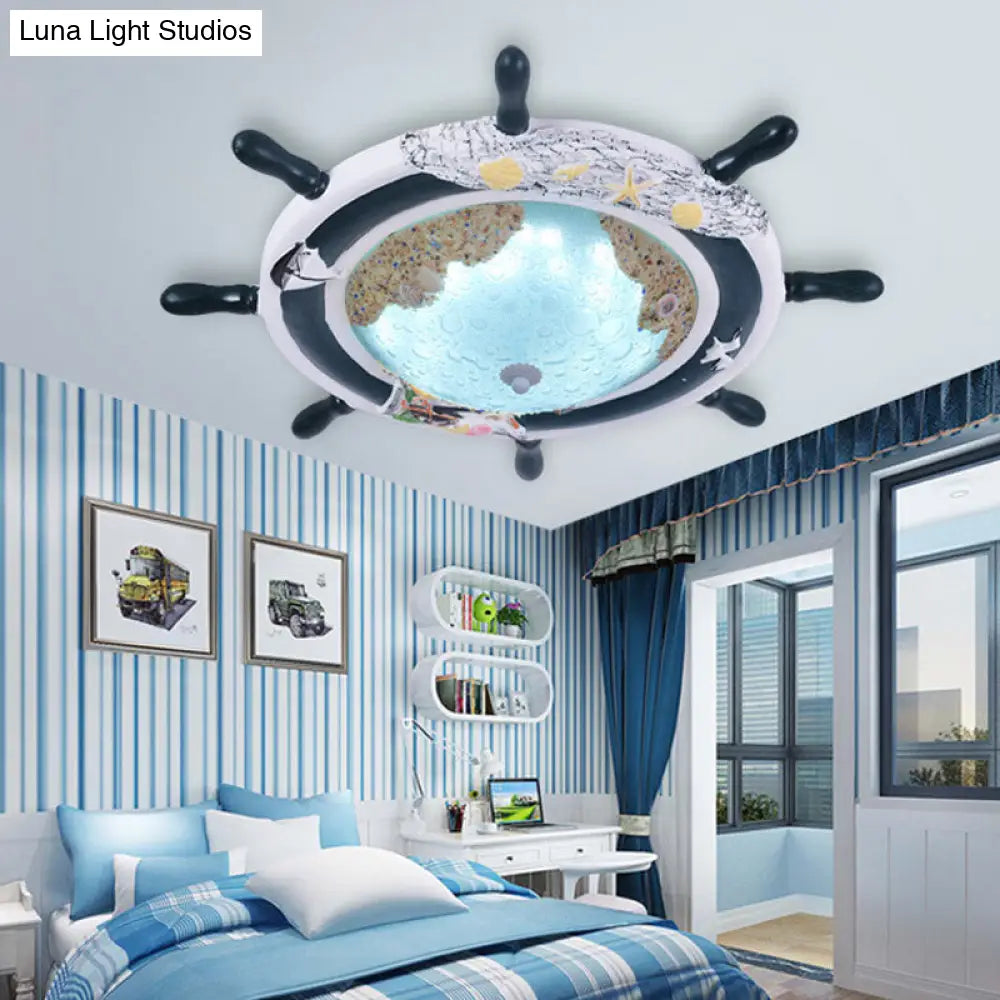 Kids Resin Ceiling Light With Bubble Glass Shade - Blue Rudder Flush Mount Lamp Dark