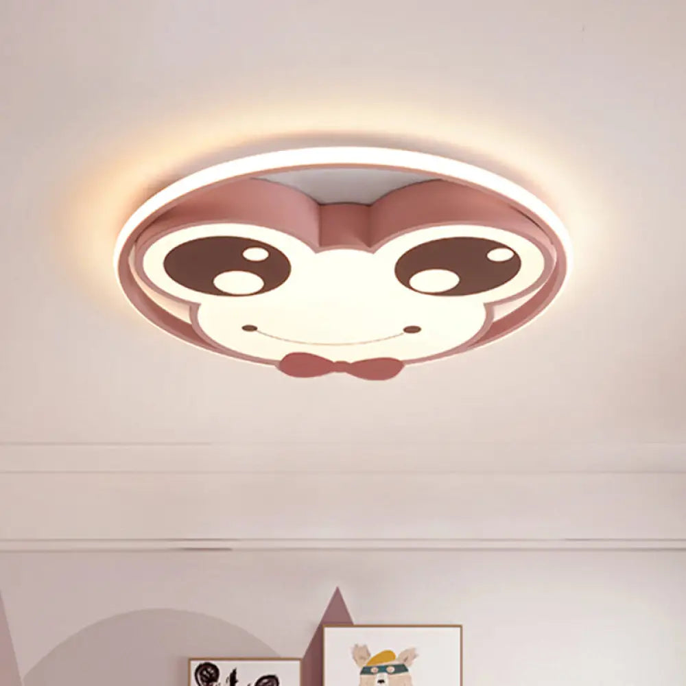 Kids Room Ceiling Mounted Led Flush Light: Big Eye Frog Metal Cartoon Design In Pink/Yellow/Blue