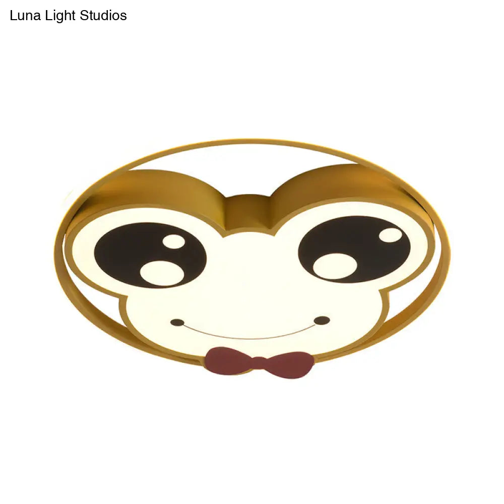 Kids Room Ceiling Mounted Led Flush Light: Big Eye Frog Metal Cartoon Design In Pink/Yellow/Blue