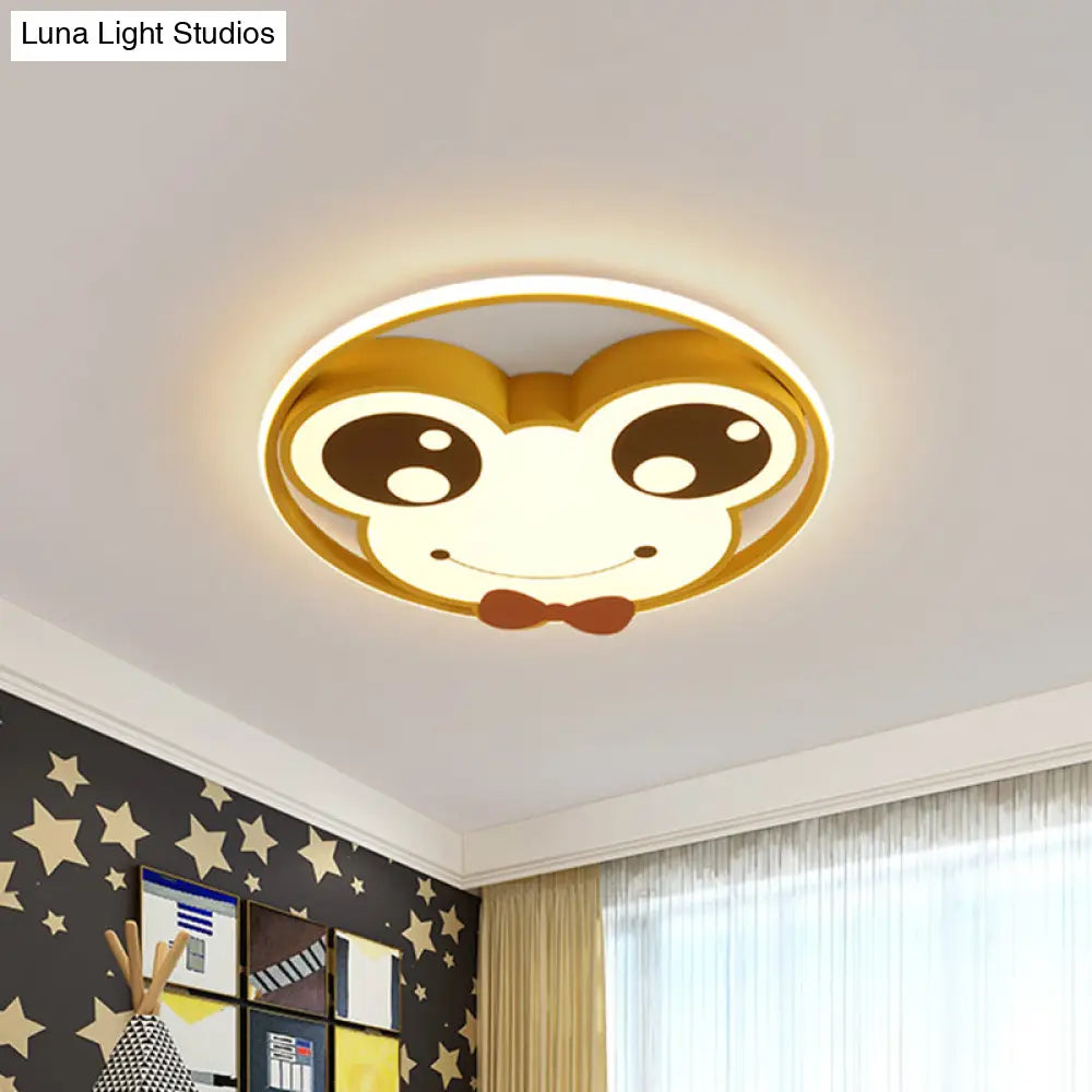 Kids Room Ceiling Mounted Led Flush Light: Big Eye Frog Metal Cartoon Design In Pink/Yellow/Blue