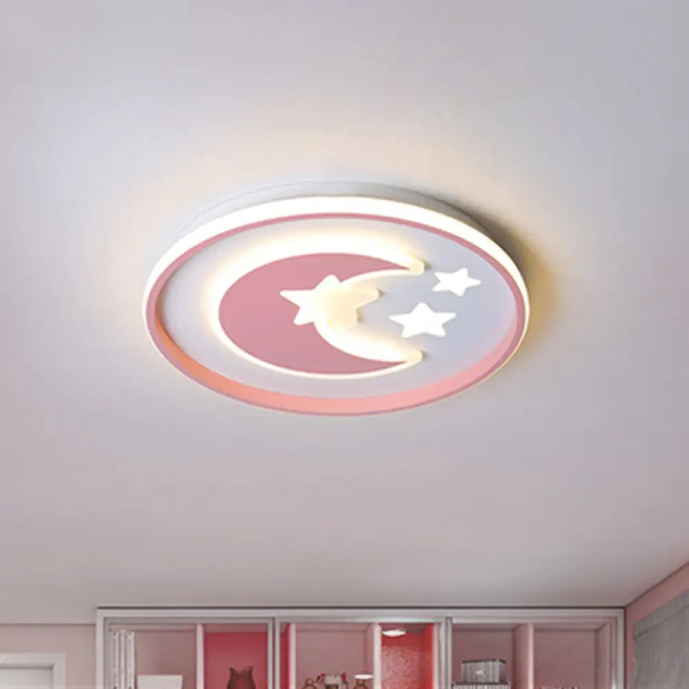 Kids Room Led Flushmount Lighting: Cartoon Moon And Star Acrylic Ceiling Light In Pink/Blue Pink