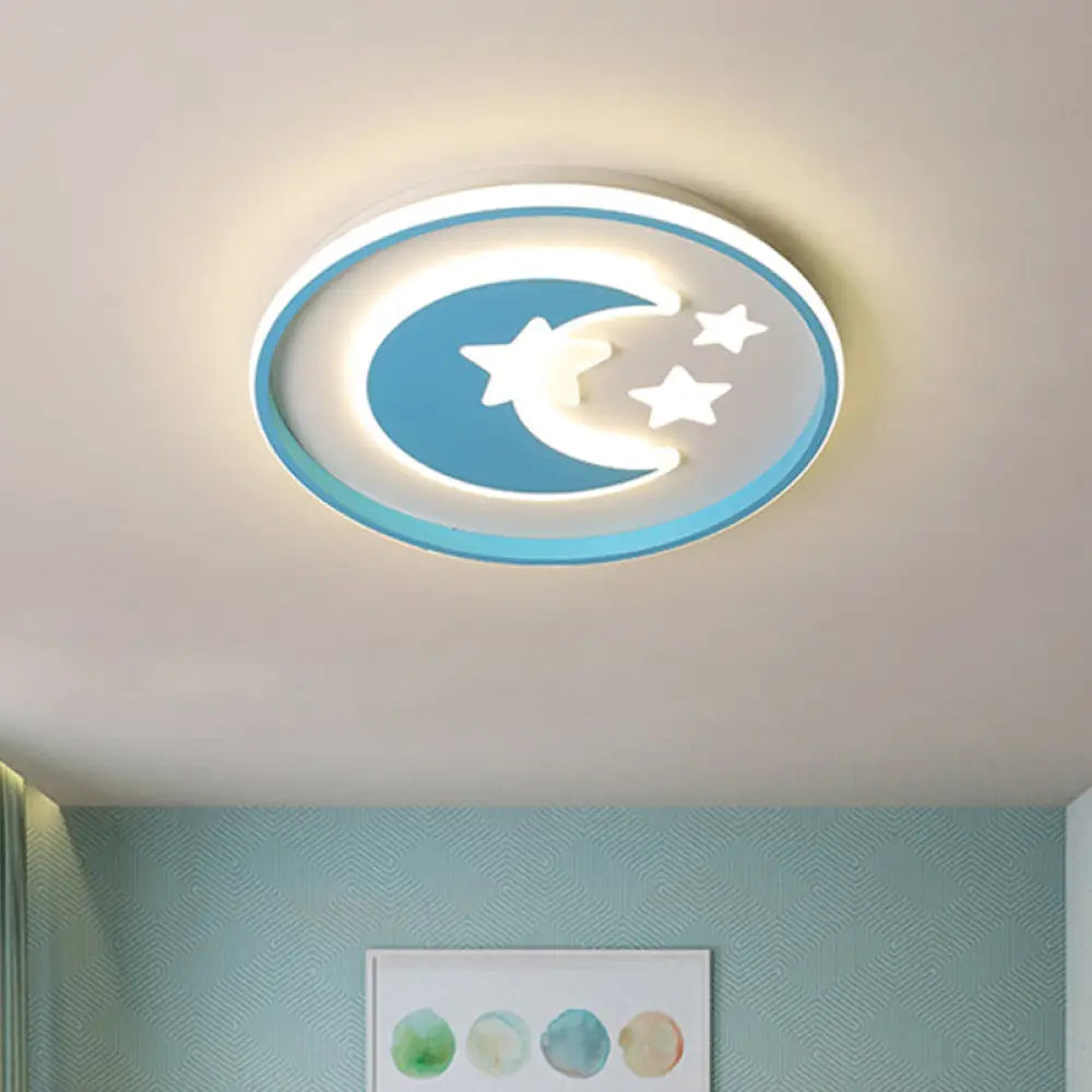 Kids Room Led Flushmount Lighting: Cartoon Moon And Star Acrylic Ceiling Light In Pink/Blue Blue