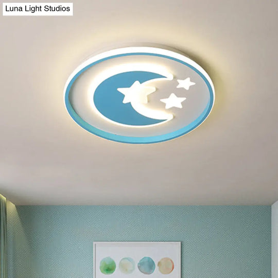 Kids Room Led Flushmount Lighting: Cartoon Moon And Star Acrylic Ceiling Light In Pink/Blue Blue