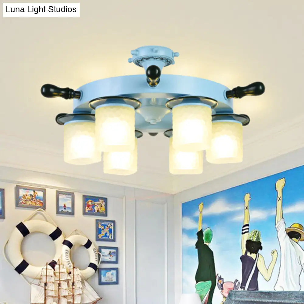 Kids Room Semi Mount Cartoon Blue Rudder Flush Ceiling Lamp With Opal Glass Shade - 6 Heads