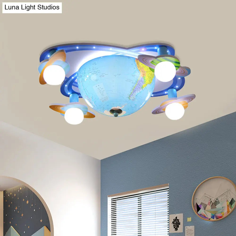 Kids Rotatable Earth Orbit Flush Ceiling Light - Blue Mount Fixture With Acrylic 4 Bulbs White Base