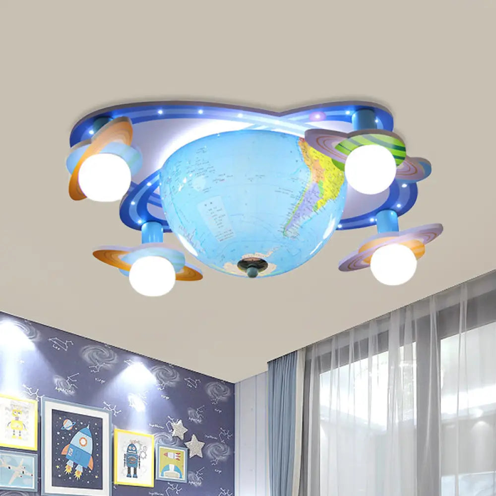 Kids Rotatable Earth Orbit Flush Ceiling Light - Blue Mount Fixture With Acrylic 4 Bulbs White Base