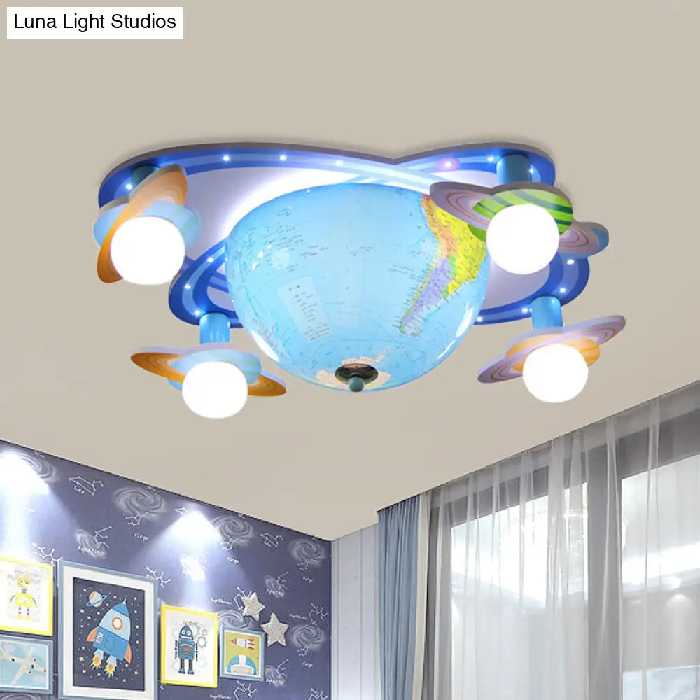 Kids Rotatable Earth Orbit Flush Ceiling Light - Blue Mount Fixture With Acrylic 4 Bulbs White Base