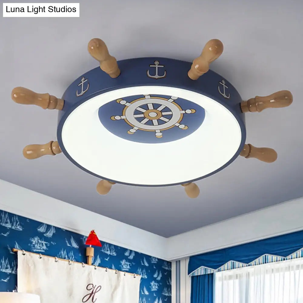 Kids Rudder Shape Led Flush Mount Fixture In Dark Blue And Wood/Blue With White/Warm Light For
