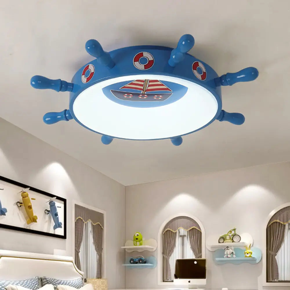 Kids Rudder Shape Led Flush Mount Fixture In Dark Blue And Wood/Blue With White/Warm Light For