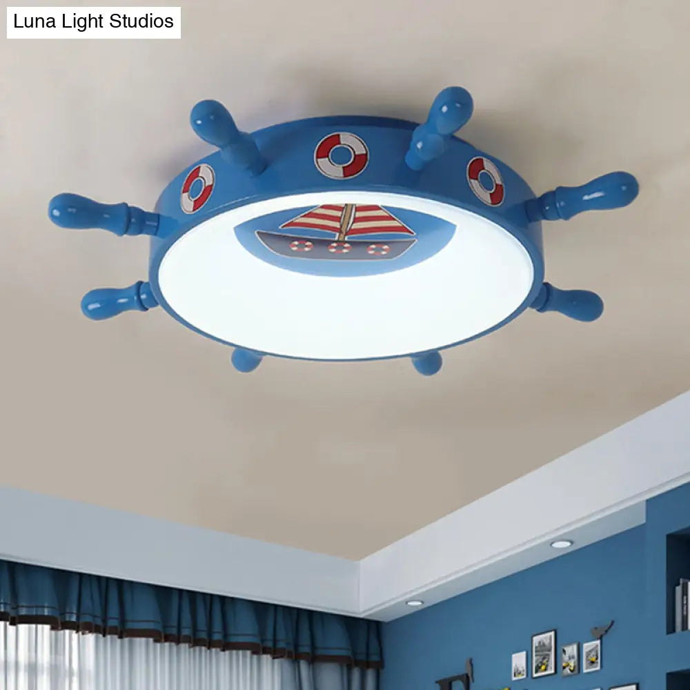 Kids Rudder Shape Led Flush Mount Fixture In Dark Blue And Wood/Blue With White/Warm Light For