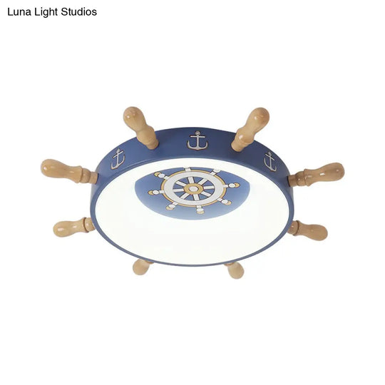 Kids Rudder Shape Led Flush Mount Fixture In Dark Blue And Wood/Blue With White/Warm Light For