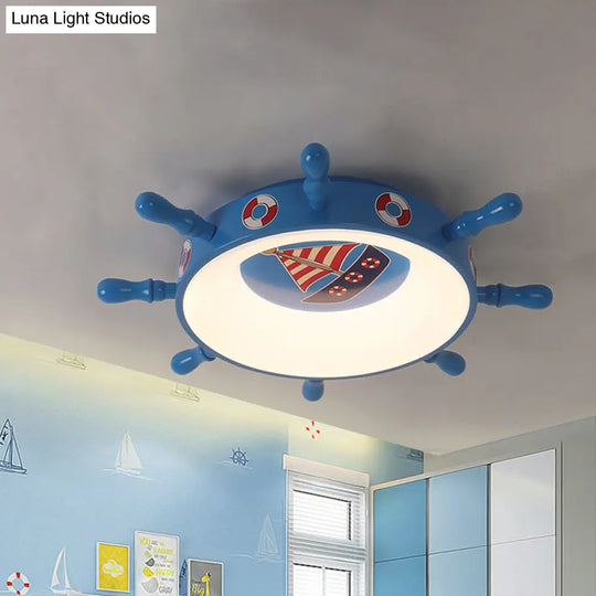 Kids Rudder Shape Led Flush Mount Fixture In Dark Blue And Wood/Blue With White/Warm Light For