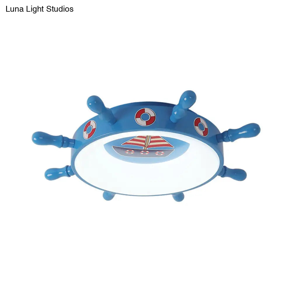 Kids Rudder Shape Led Flush Mount Fixture In Dark Blue And Wood/Blue With White/Warm Light For