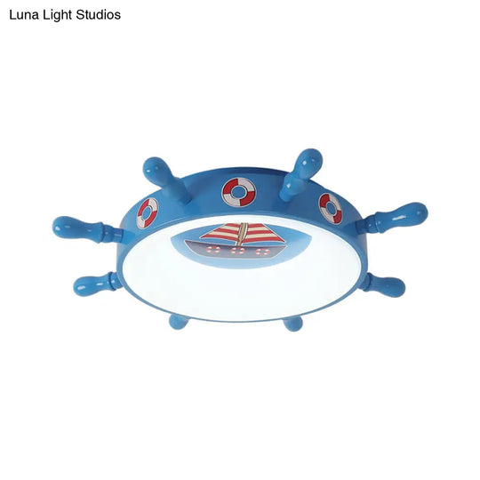 Kids Rudder Shape Led Flush Mount Fixture In Dark Blue And Wood/Blue With White/Warm Light For