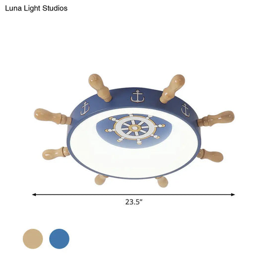 Kids Rudder Shape Led Flush Mount Fixture In Dark Blue And Wood/Blue With White/Warm Light For