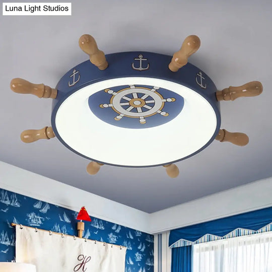 Kids Rudder Shape Led Flush Mount Fixture In Dark Blue And Wood/Blue With White/Warm Light For