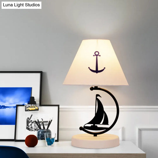 Kids Single-Bulb White Nightstand Lamp With Empire Shade Sailing Boat Decor & Fabric Table Lighting