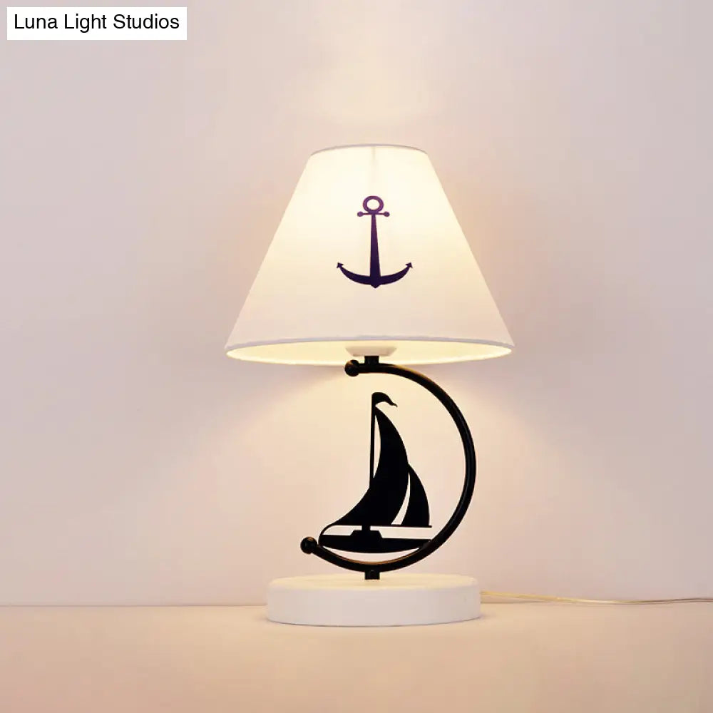 Kids Single-Bulb White Nightstand Lamp With Empire Shade Sailing Boat Decor & Fabric Table Lighting