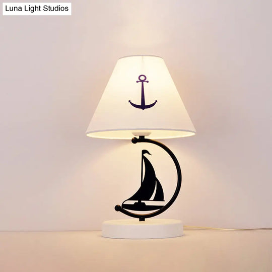 Kids Single-Bulb White Nightstand Lamp With Empire Shade Sailing Boat Decor & Fabric Table Lighting