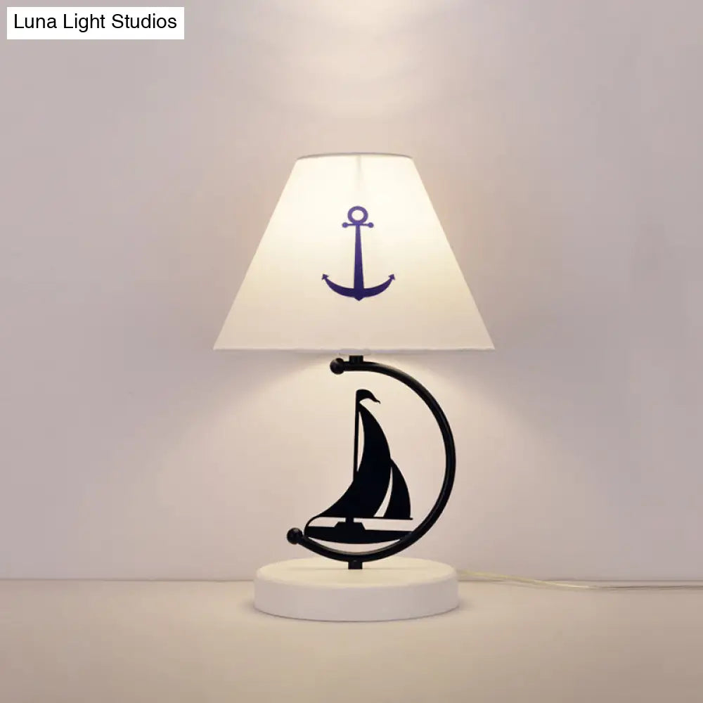 Kids Single-Bulb White Nightstand Lamp With Empire Shade Sailing Boat Decor & Fabric Table Lighting