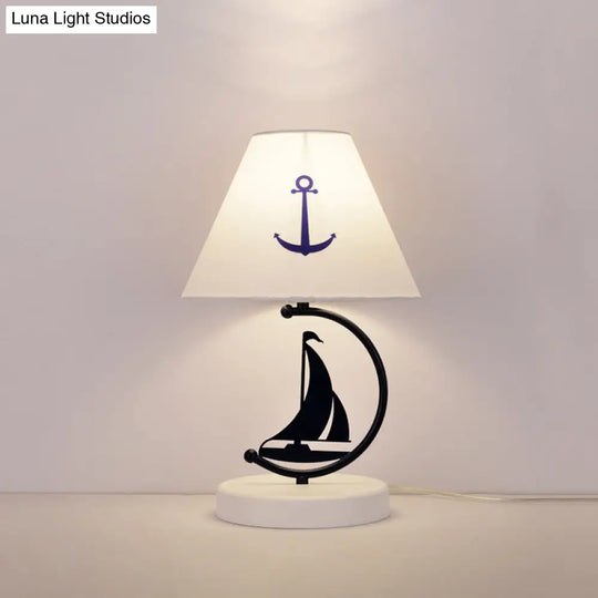 Kids Single-Bulb White Nightstand Lamp With Empire Shade Sailing Boat Decor & Fabric Table Lighting