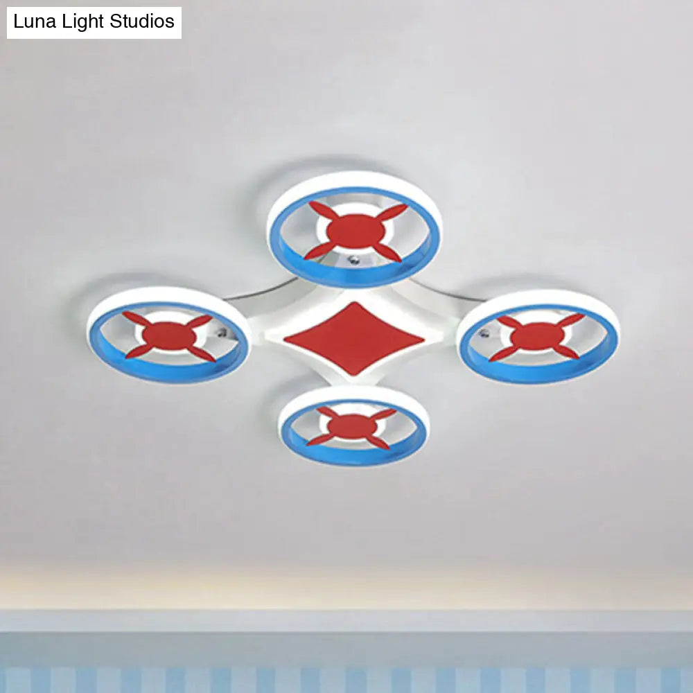 Kids Space Vehicle Ceiling Lamp: Blue And Red Led Flush Mount - Acrylic Metal Cartoon Light