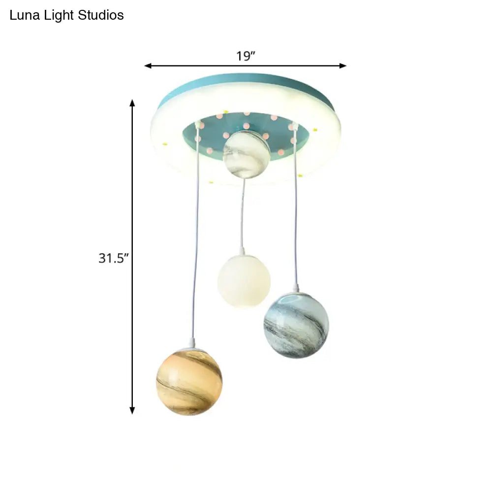 Kids Stained Glass Planet Ceiling Light - Multi-Pendant Blue 4 Heads Circle Glow Canopy