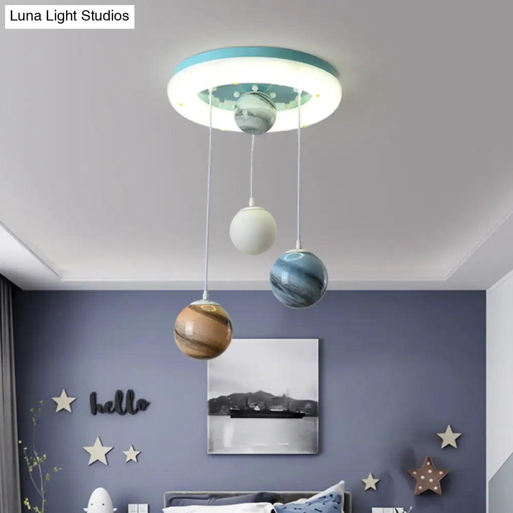 Kids Stained Glass Planet Ceiling Light - Multi-Pendant Blue 4 Heads Circle Glow Canopy