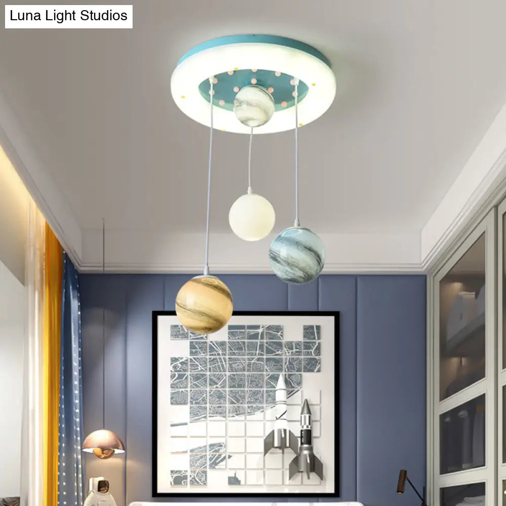 Kids Stained Glass Planet Ceiling Light - Multi-Pendant Blue 4 Heads Circle Glow Canopy