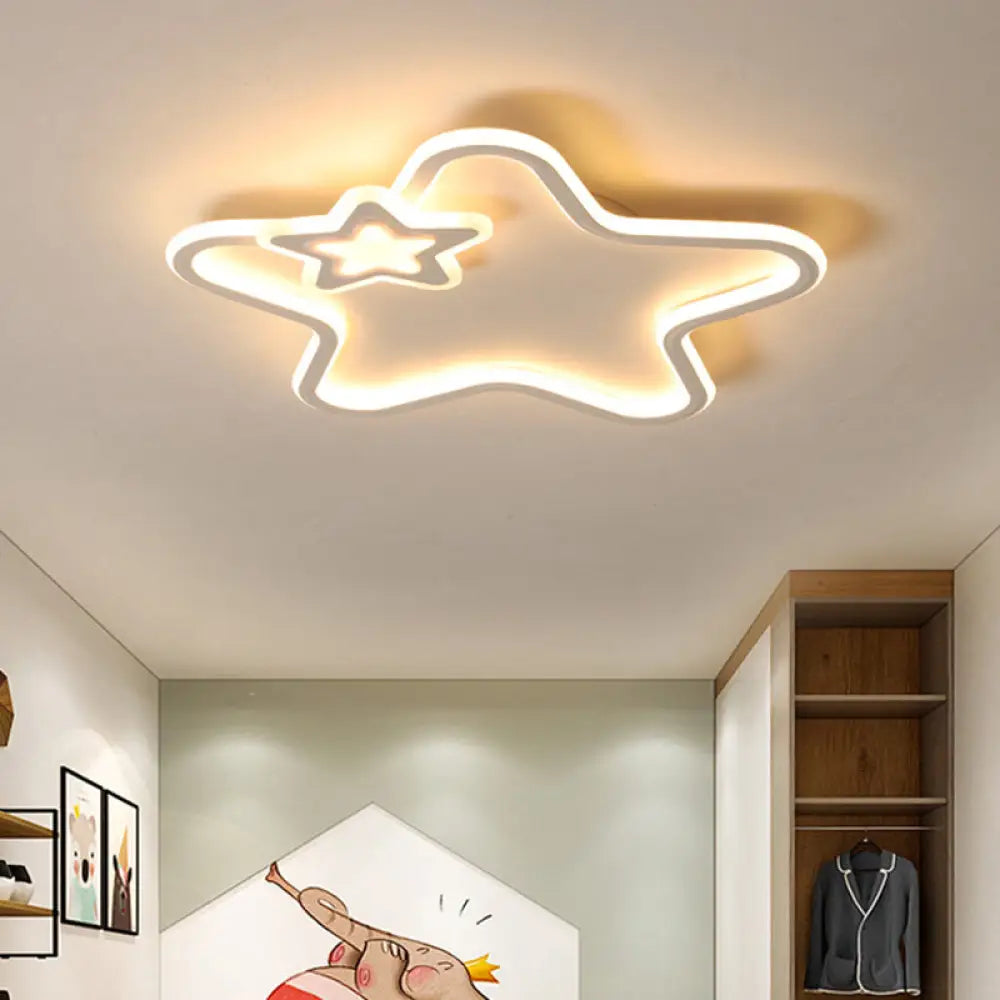 Kid’s Star Flush Ceiling Light: Cartoon Acrylic Black/Blue/Pink Led Lamp (Warm/White Light) White