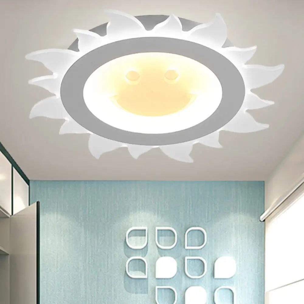 Kids Study Room Smiling Sun Flushmount Ceiling Light With Acrylic Shade White Finish / 16’