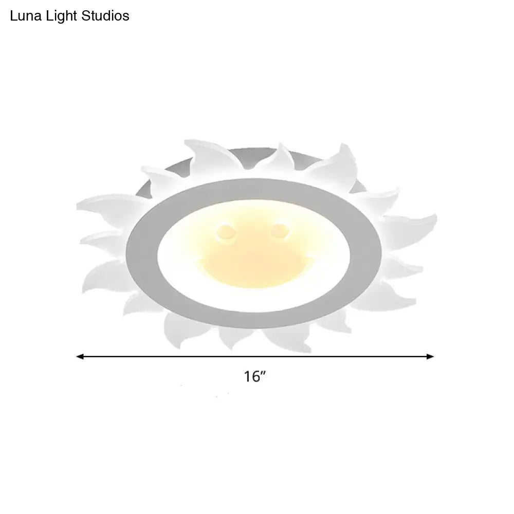 Kids Study Room Smiling Sun Flushmount Ceiling Light With Acrylic Shade White Finish