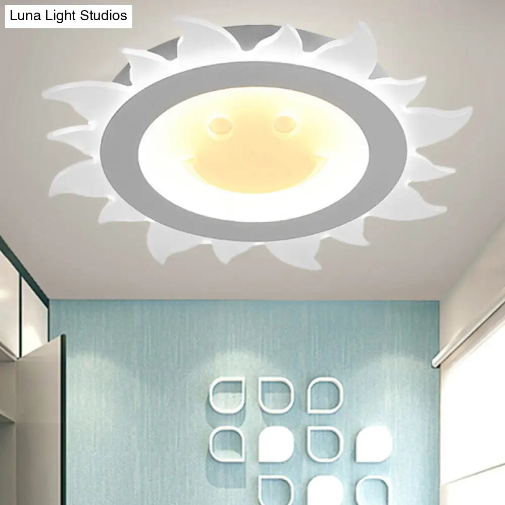 Kids Study Room Smiling Sun Flushmount Ceiling Light With Acrylic Shade White Finish / 16