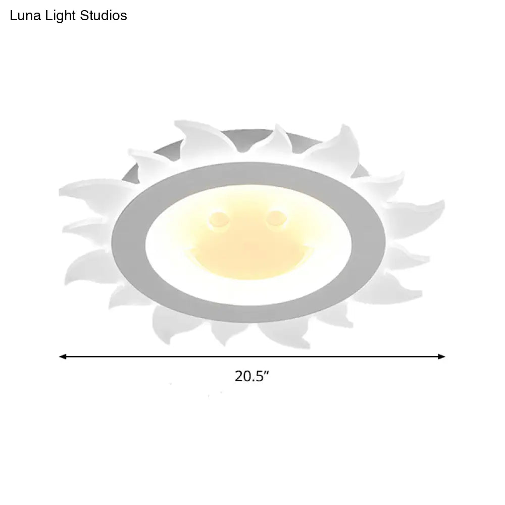 Kids Study Room Smiling Sun Flushmount Ceiling Light With Acrylic Shade White Finish