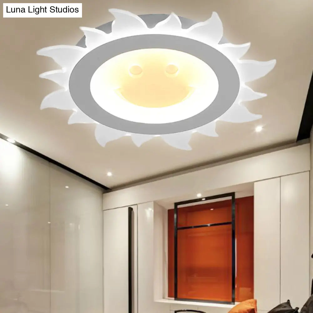 Kids Study Room Smiling Sun Flushmount Ceiling Light With Acrylic Shade White Finish