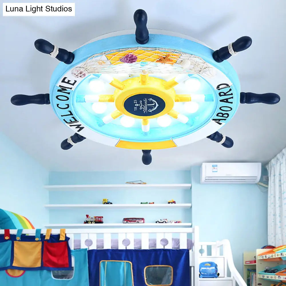 Kids Style 8 - Bulb Led Flush Ceiling Light - Rudder Wooden Flushmount With Fishnet Deco