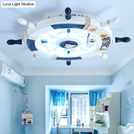 Kids Style 8 - Bulb Led Flush Ceiling Light - Rudder Wooden Flushmount With Fishnet Deco