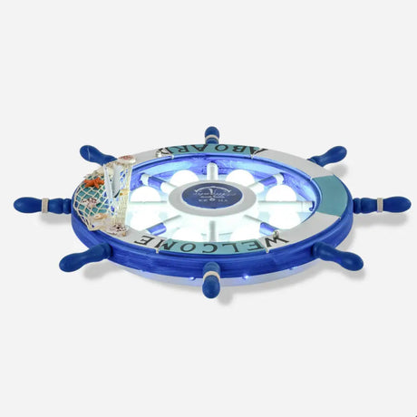 Kids Style 8 - Bulb Led Flush Ceiling Light - Rudder Wooden Flushmount With Fishnet Deco Dark Blue