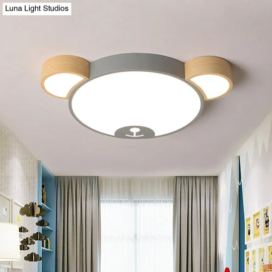 Kids Style Bedroom Led Flush Mount Pendant Light: Grey/Green Ceiling Fixture With Bear Acrylic Shade