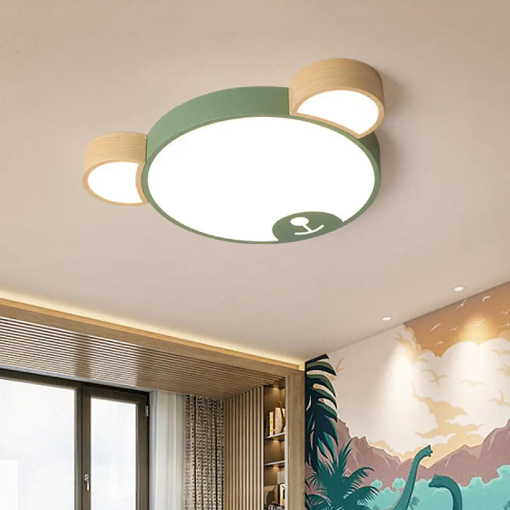 Kids Style Bedroom Led Flush Mount Pendant Light: Grey/Green Ceiling Fixture With Bear Acrylic