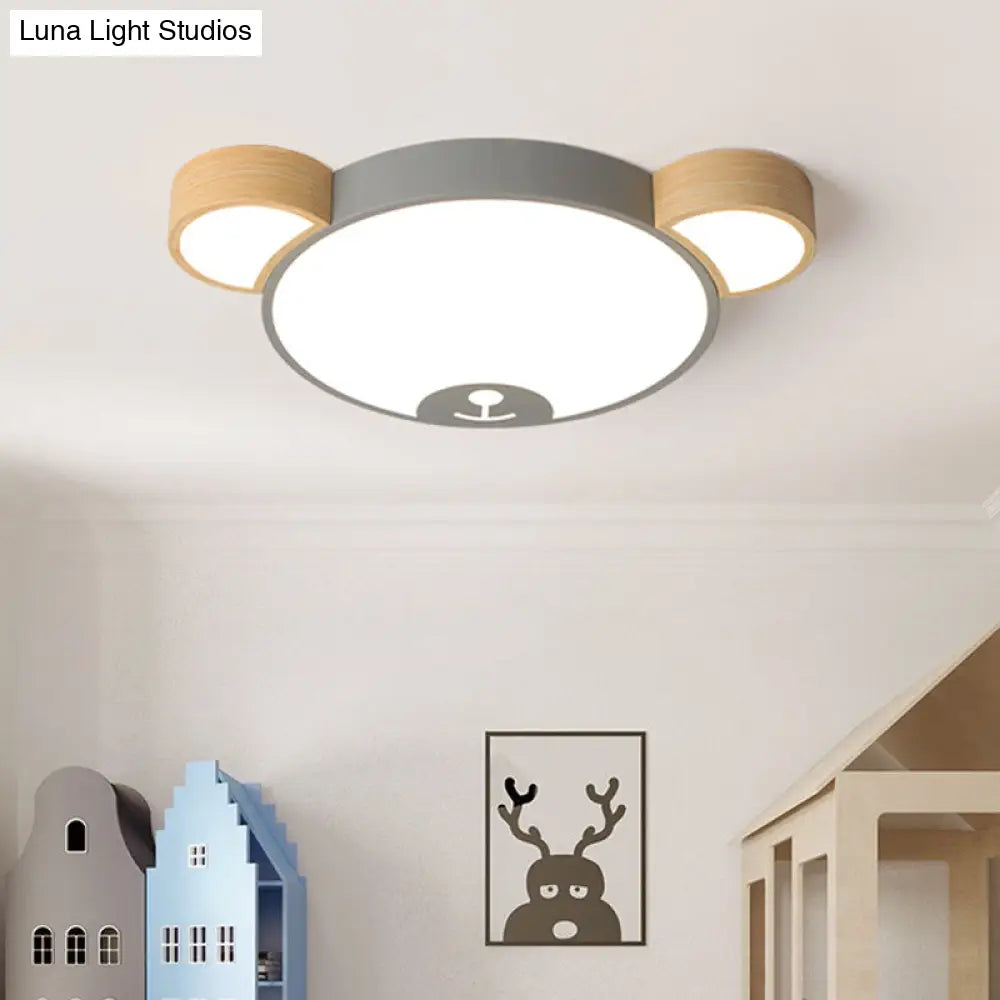 Kids Style Bedroom Led Flush Mount Pendant Light: Grey/Green Ceiling Fixture With Bear Acrylic Shade