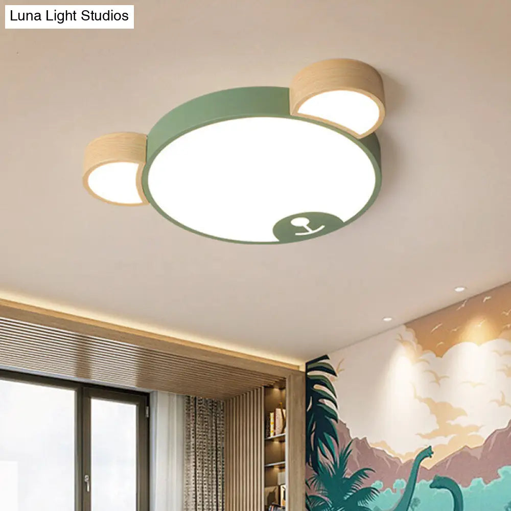 Kids Style Bedroom Led Flush Mount Pendant Light: Grey/Green Ceiling Fixture With Bear Acrylic Shade