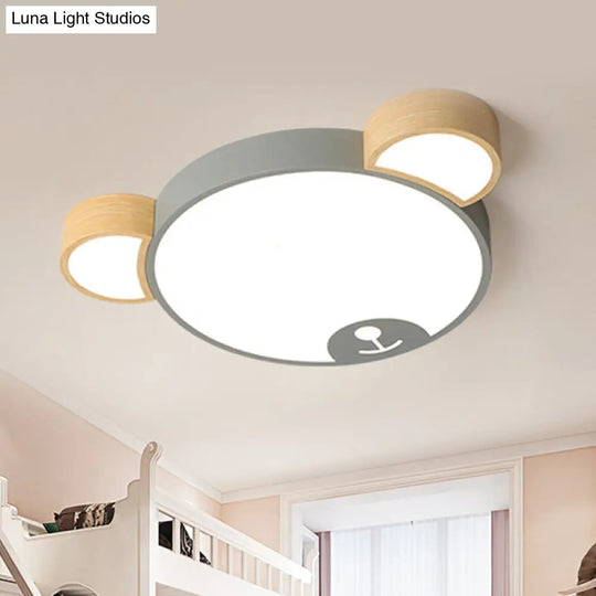 Kids Style Bedroom Led Flush Mount Pendant Light: Grey/Green Ceiling Fixture With Bear Acrylic Shade