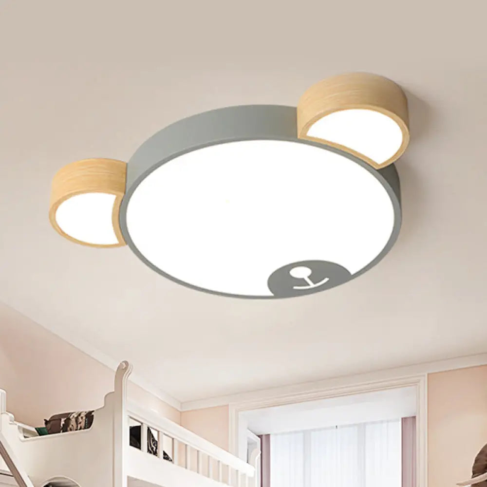 Kids Style Bedroom Led Flush Mount Pendant Light: Grey/Green Ceiling Fixture With Bear Acrylic