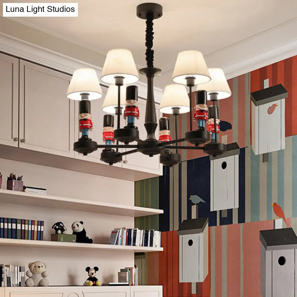 Kids Style Black Tapered Ceiling Lighting With Pleated Fabric Chandelier And Soldier Decor