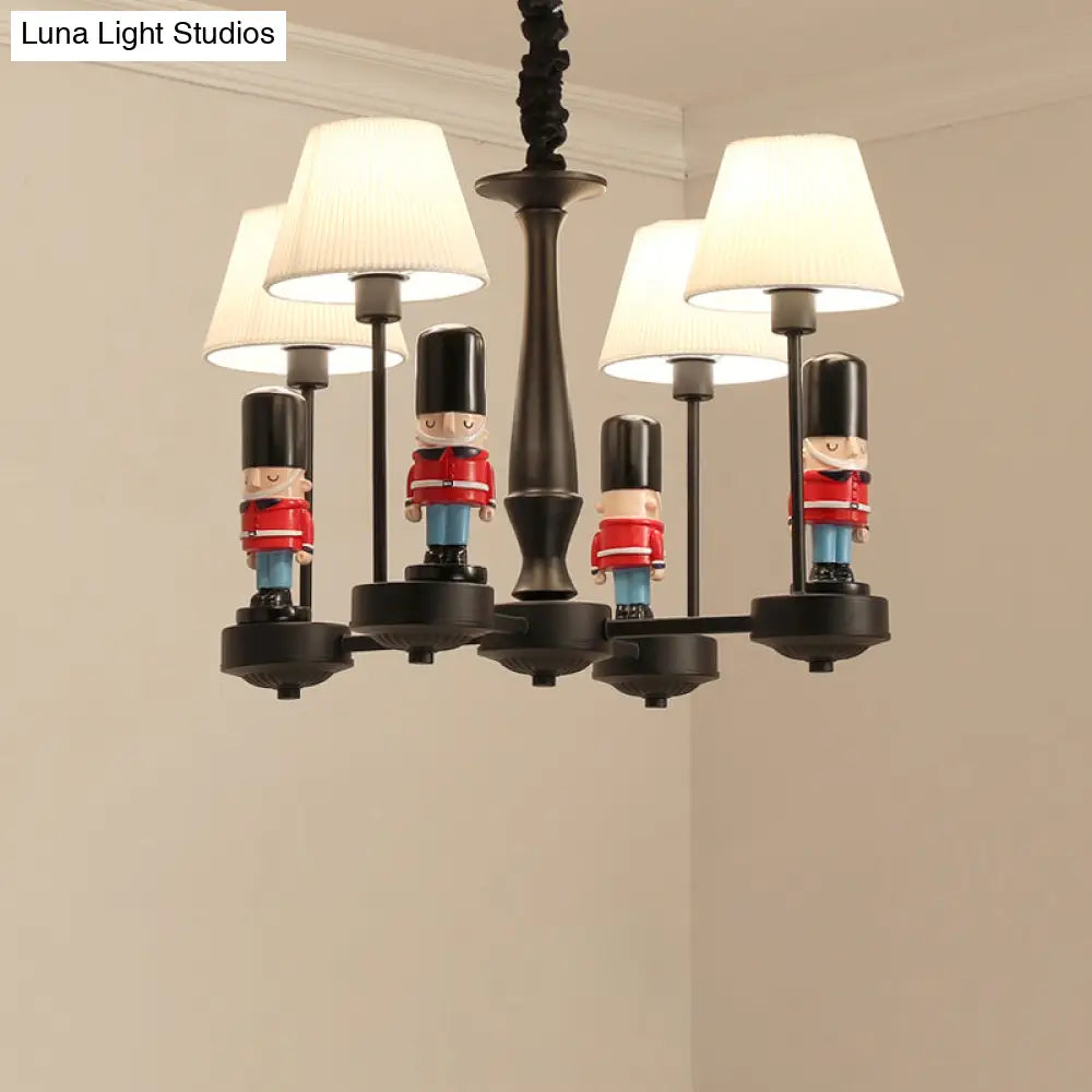 Kids Style Black Tapered Ceiling Lighting With Pleated Fabric Chandelier And Soldier Decor