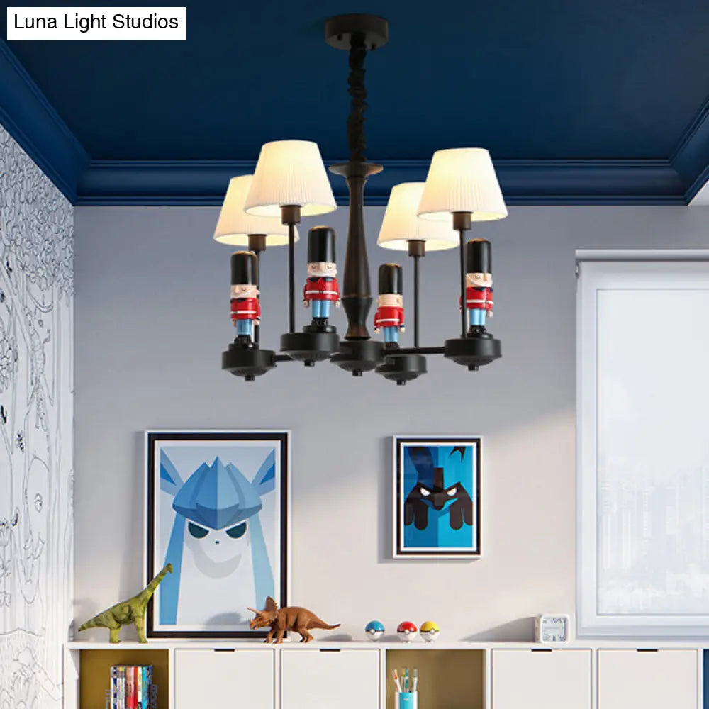 Kids Style Black Tapered Ceiling Lighting With Pleated Fabric Chandelier And Soldier Decor