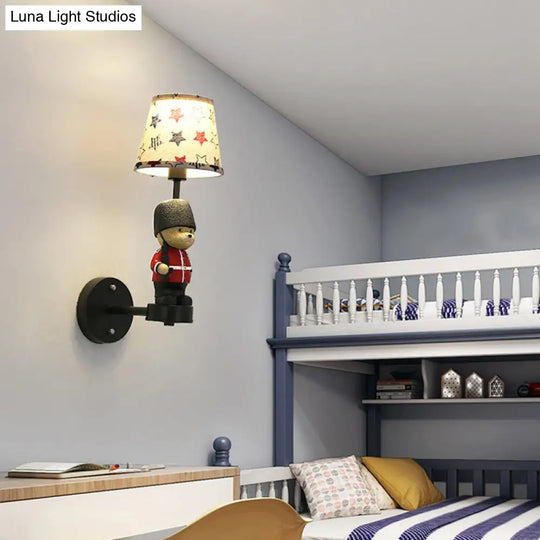 Kids Style Fabric Wall Sconce - Empire Shade Single Black Mount Light With Trooper Deco