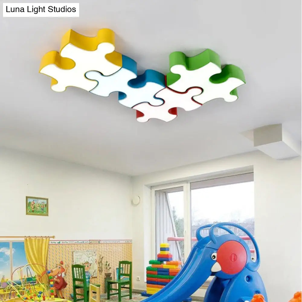 Kids Style Jigsaw Puzzles Ceiling Flush Light - Acrylic Led Flushmount In Red/Yellow & White