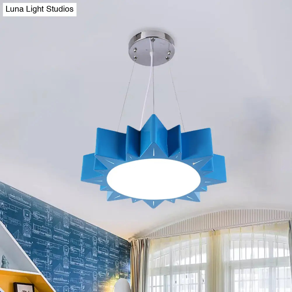 Kids Style Led Chandelier Light For Hallway - Sun Ceiling Hang Fixture In Acrylic Yellow/Blue/Green